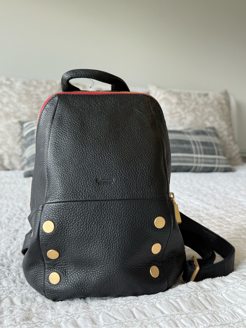 Hammitt Hunter Medium Black Leather Backpack with Red Zip and Gold Studs